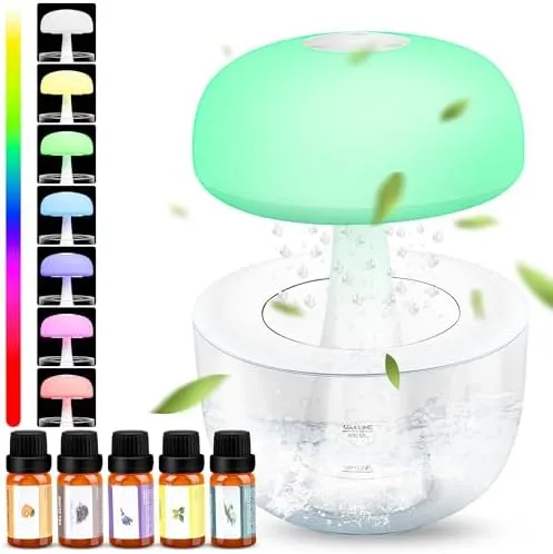 Rain Cloud Humidifier Water Drip, Mushroom Rain Cloud Diffuser with 5 Essential Oils, Raining Cloud Night Light with Rain 7 Changing Colors, Desk Bedside Cloud Lights for Sleeping Relaxing Mood