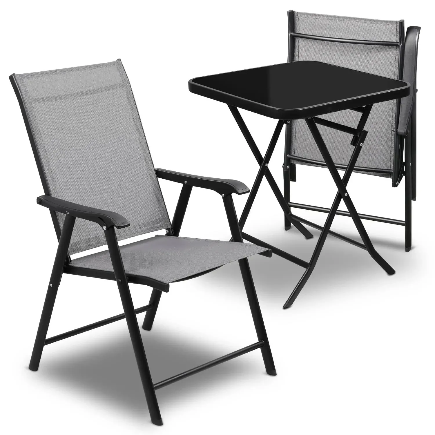 MoNiBloom 3 Piece Patio Bistro Dining Furniture Set w/ Tempered Glass Tabletop, 2 Foldable Metal Frame Chairs, for Backyard, Gray, Size: Small