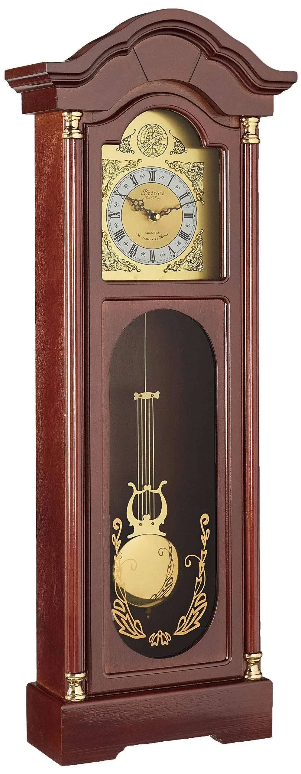 Bedford Clock Collection Grandfather Clock Brown Wood 34 in H Rectangle Indoor Oversized Wall Clock with Pendulum and Roman Numerals