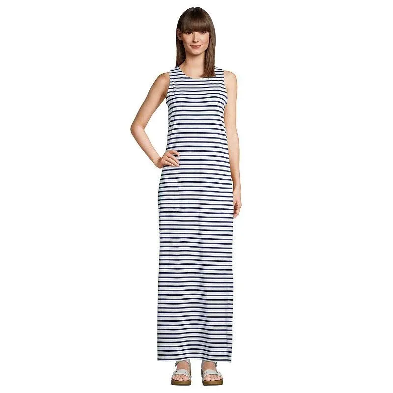 Lands' End Women's Cotton Jersey Sleeveless Swim Cover-Up Maxi Dress - White/Deep Sea Stripe