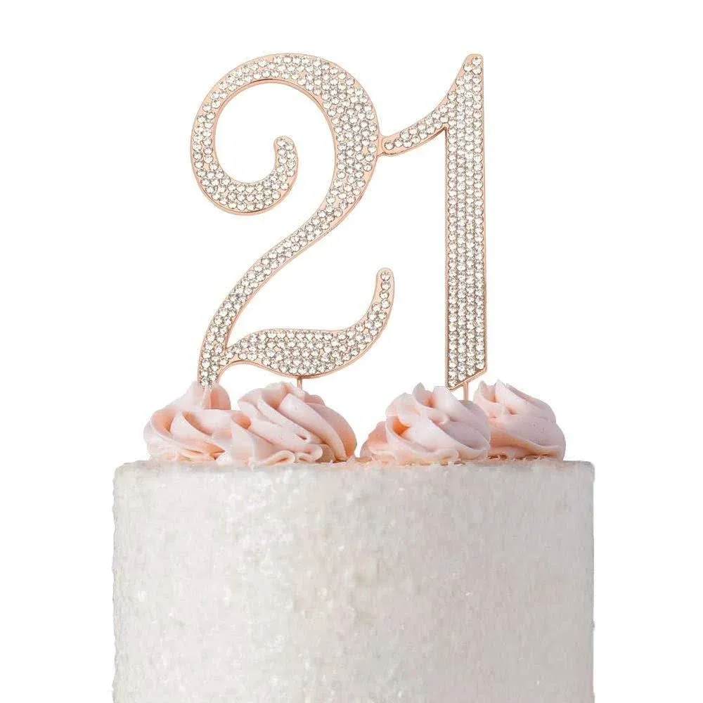 21 Cake Topper - Premium Rose Gold Metal - 21st Birthday Party Sparkly Rhinestone Decoration Makes a Great Centerpiece - Now Protected in a Box