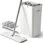 JOYMOOP Mop and Bucket with Wringer Set for Home, White Flat Squeeze Mop Bucket Set for Floor Cleaning, Hands Free Wet Dry Mop for Walls, 60" Mop with 6 Reusbale Microfiber Pads