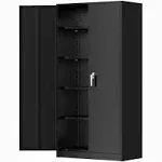 Greenvelly Metal Storage Cabinet, 72” Black Garage Steel Locking Cabinet with Doors and 4 Adjustable Shelves, Tall Tool Cabinet Lockable File Cabinet for Home Office, Metal Classroom Cabinet, Basement