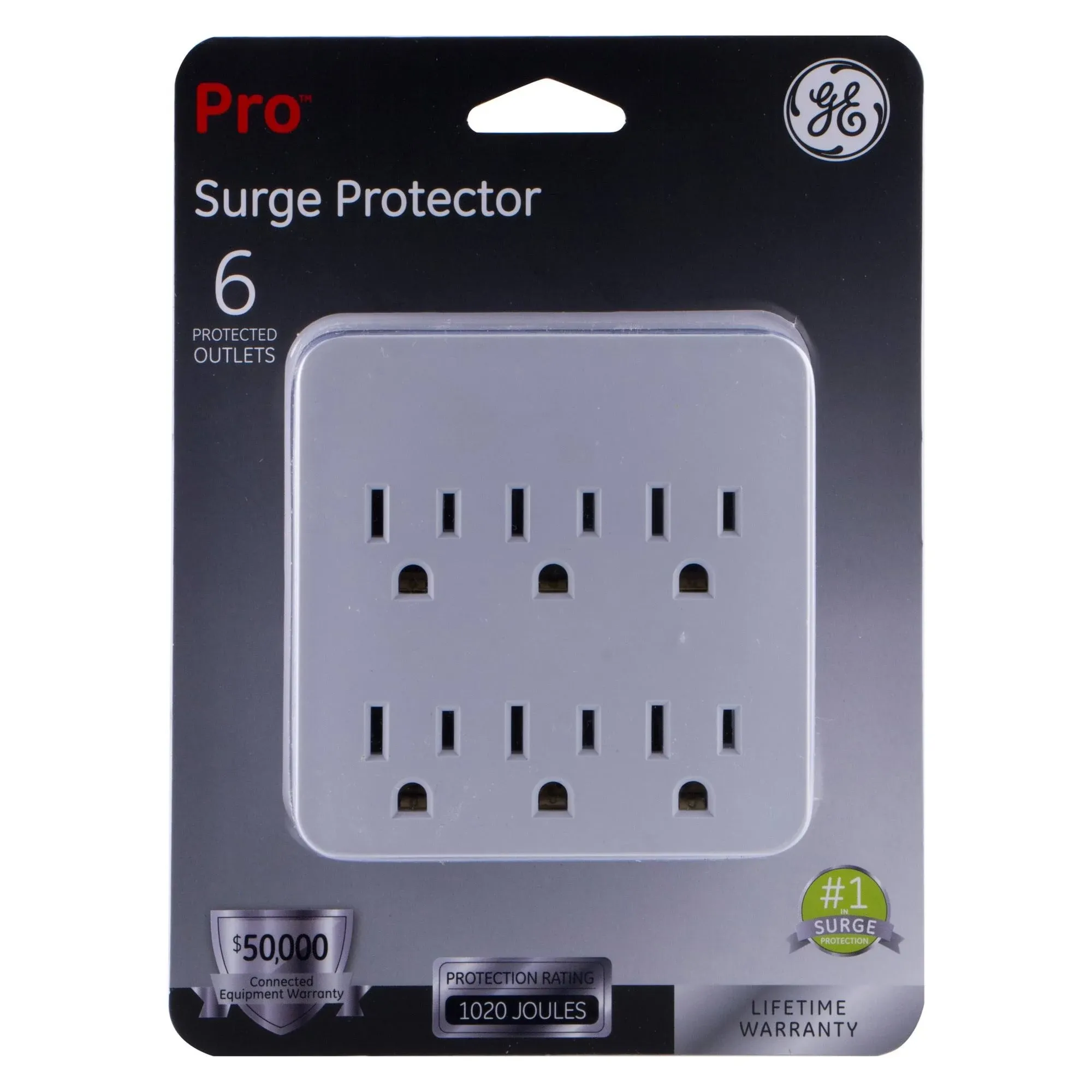 GE Pro 6-Outlet Extender Surge Protector, Wall Tap Adapter, Charging Station, Automatic Shutdown, 3-Prong, 1020 Joules, UL Listed, White, 36727