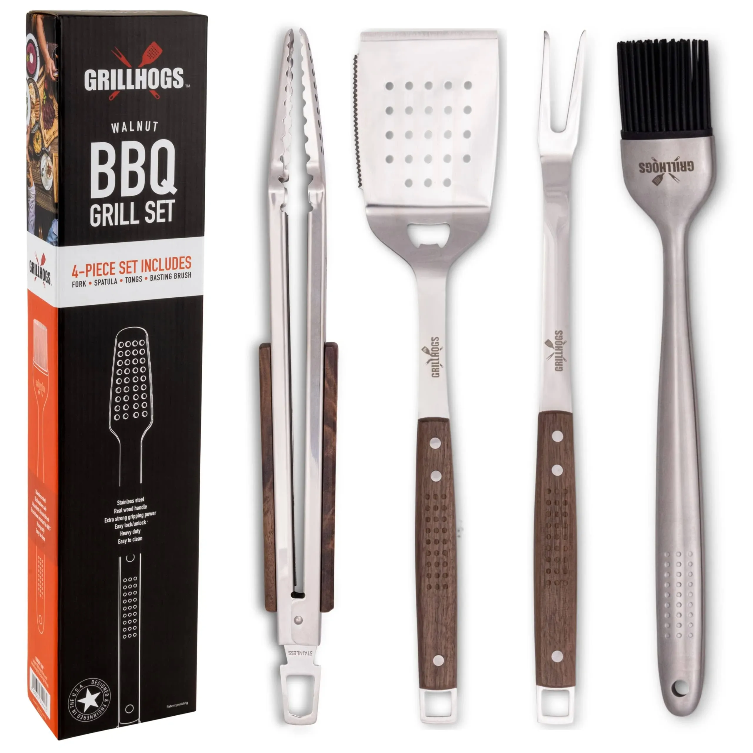 Heavy Duty BBQ Grill Tool Set, Premium Walnut Wood, Spatula with Bottle Opener and Serrated Edge, Barbecue Meat Fork, Long Handle Basting Brush, Premium Polished Walnut Finish (4 Piece)