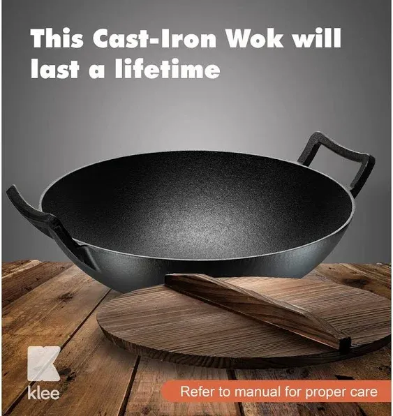 Klee Pre-Seasoned Cast Iron Wok Pan with Wood Wok Lid and Handles - 14 Large Wo