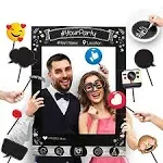 Insta-themed Social Media Party Photo Booth Frame with Emoji & Personalized Speech Bubble Props. Great As Vintage Background Photography for Birthday,