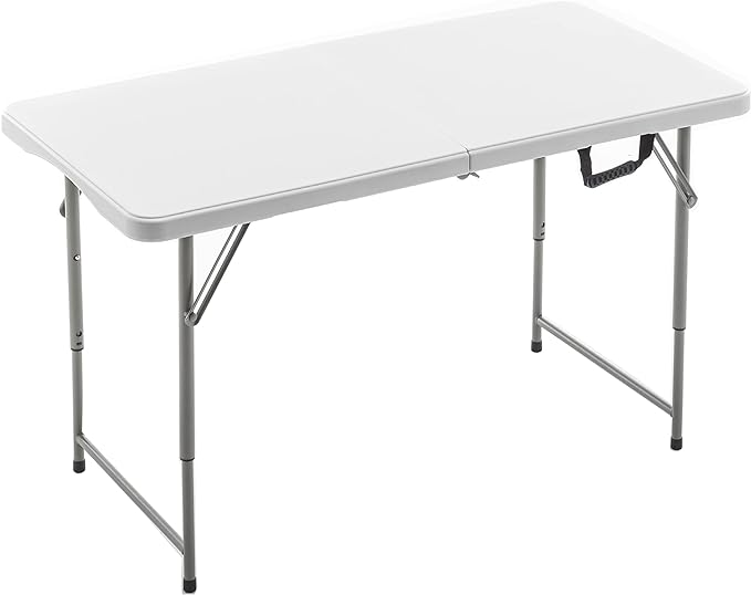 BTEXPERT Fold-in-Half Folding Utility Table 4 Feet Lightweight Height Adjustable Portable Carrying Handle Indoor Outdoor, Picnic Camping Office Home Party Convenient Easy to Clean Store & Care White