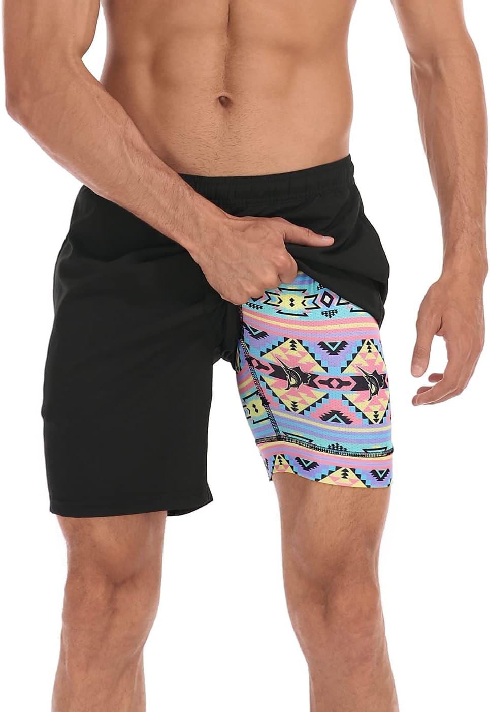 LRD Men's Swim Trunks with Compression Liner 7 inch Inseam Black / Tribal ...