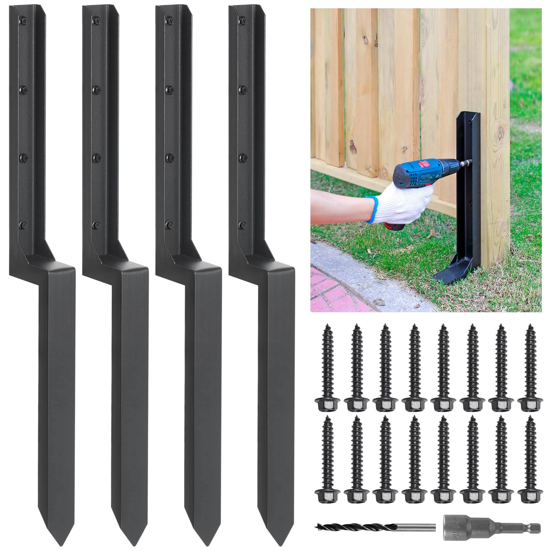 Heavy Duty Steel Fence Post Repair Stakes, Fence Post Anchor Ground Spike, for Repair Tilted/Broken Wood Fence Post (4 Pack/Black）