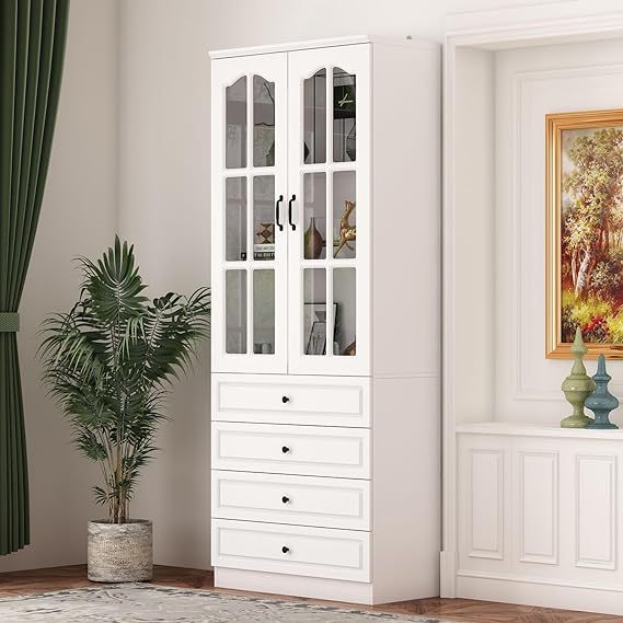 FAMAPY Kitchen Hutch Storage Cabinet with Glass Doors and Shelves, Kitchen Hutch Cabinet with 2 Drawers, Hutch and Kitchen Storage, for Living Room White (63”W x 15.7”D x 78.7”H)