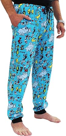 Dr. Seuss Characters Grinch Cat in The Hat Holiday Jogger Pajama Pants Medium / Blue