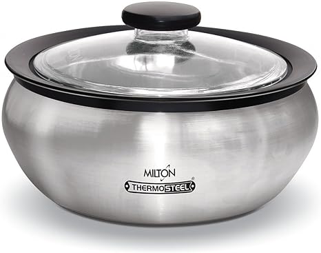 Milton Casserole with Glass Lid 1780 ml (60 oz) for Hot Food, Insulated Hot Pot, Stainless Steel, Serving Box (bowl, dish) for Food and Roti, Clarion 2000