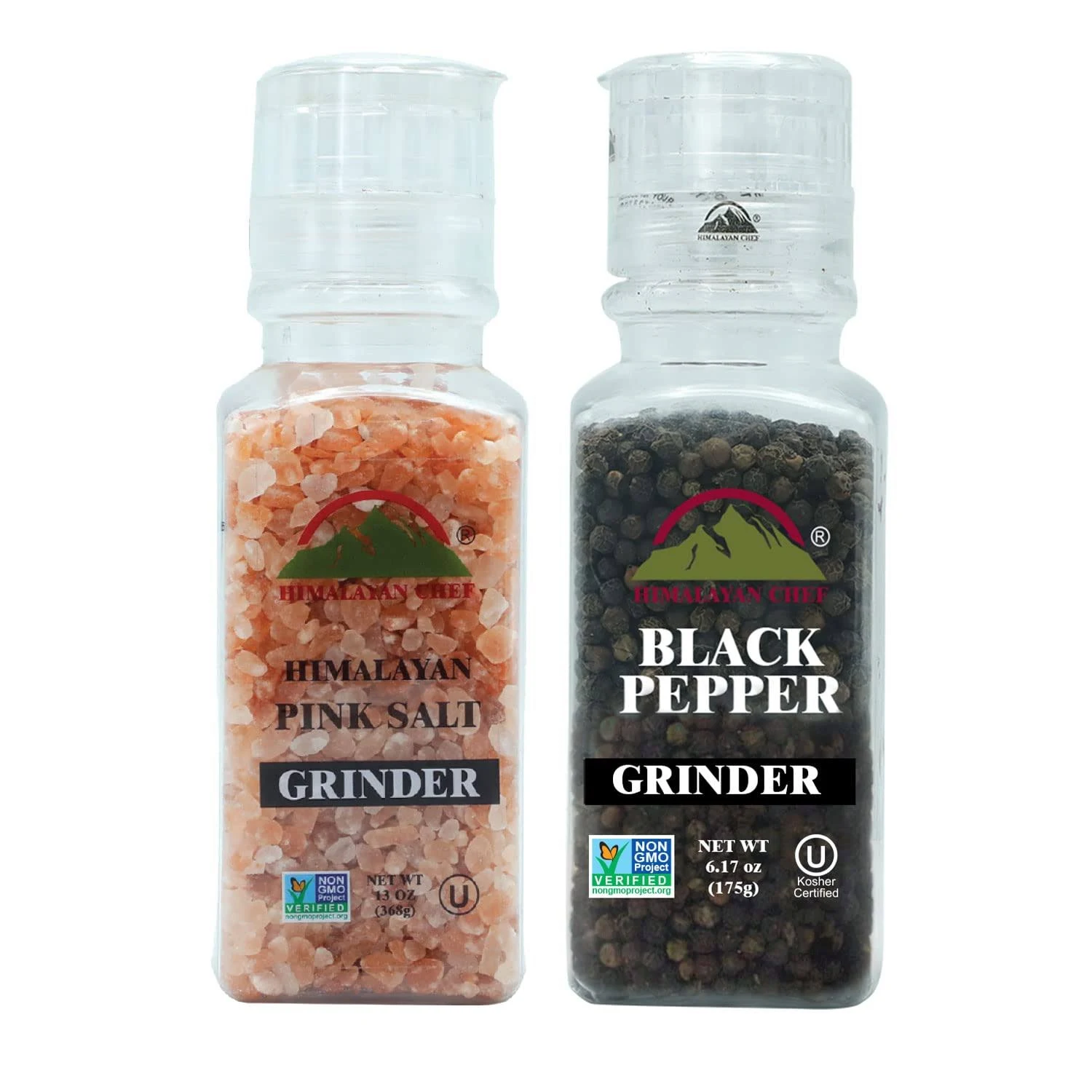 Himalayan Chef Pink Salt and Black Peppercorns, Square Plastic Grinder Set