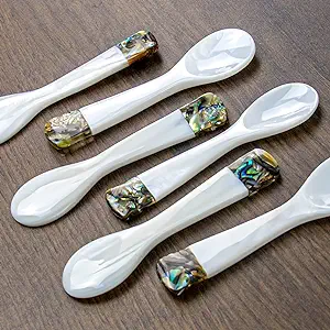 DUEBEL Set of 6 Mother of Pearl Mop Caviar Spoons with Green Abalone Decoration ...