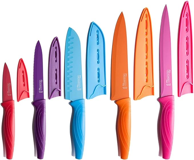 MICHELANGELO Kitchen Knife Set, 10 Piece with Nonstick Colored Coating, Sharp Stainless Steel Kitchen Knife Set, 5 Patterned Knives & 5 Sheath Covers