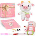 Mewaii Crochet Kit for Beginners, Complete DIY Kit Animals with 40%+ Pre-Started Tape Yarn Step-by-Step Video Tutorials for Adults Kids, Crochet Animal Kit (Strawberry Cow)