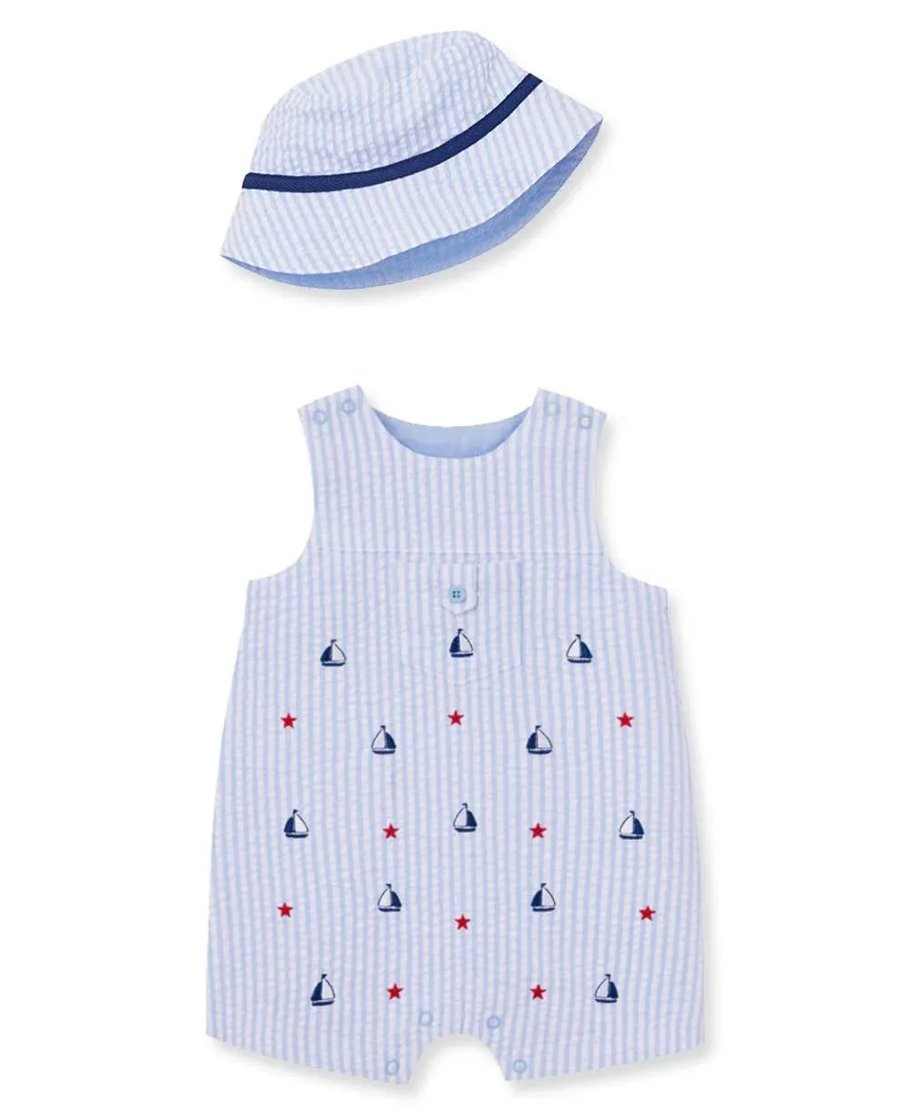 Little Me Sailboat Seersucker Romper & Hat Set in Blue