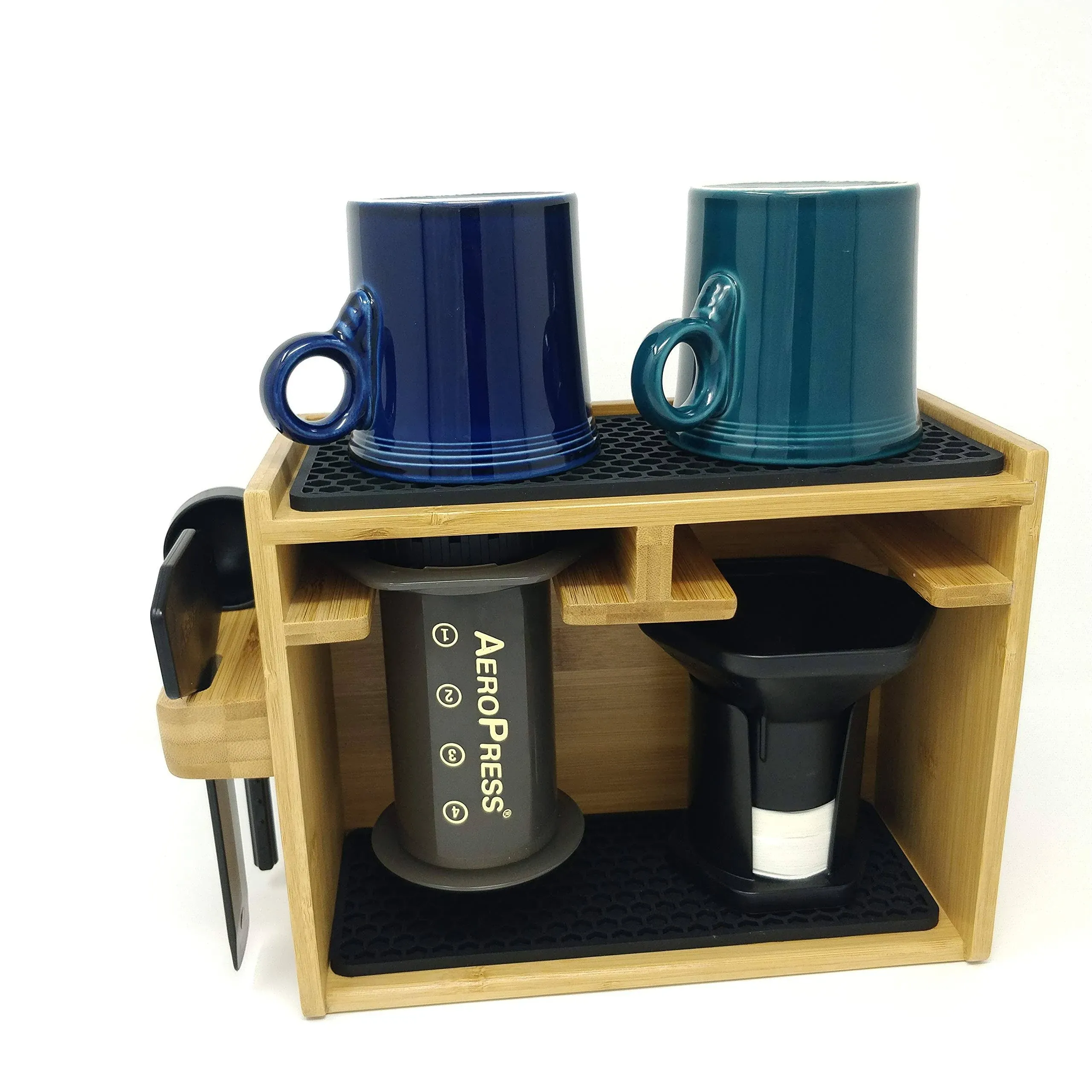 Bamboo Organizing Caddy compatible with AeroPress Coffee Maker- includes storage