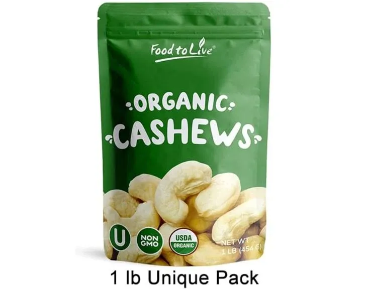 Food to Live Organic Dry Roasted Whole Cashews, 8 Ounces Non-GMO, Unsalted, Oven Roasted Nuts, No Oil Added, Kosher, Vegan, Bulk. Crunchy Texture. Good Source of Protein and Healthy Fats