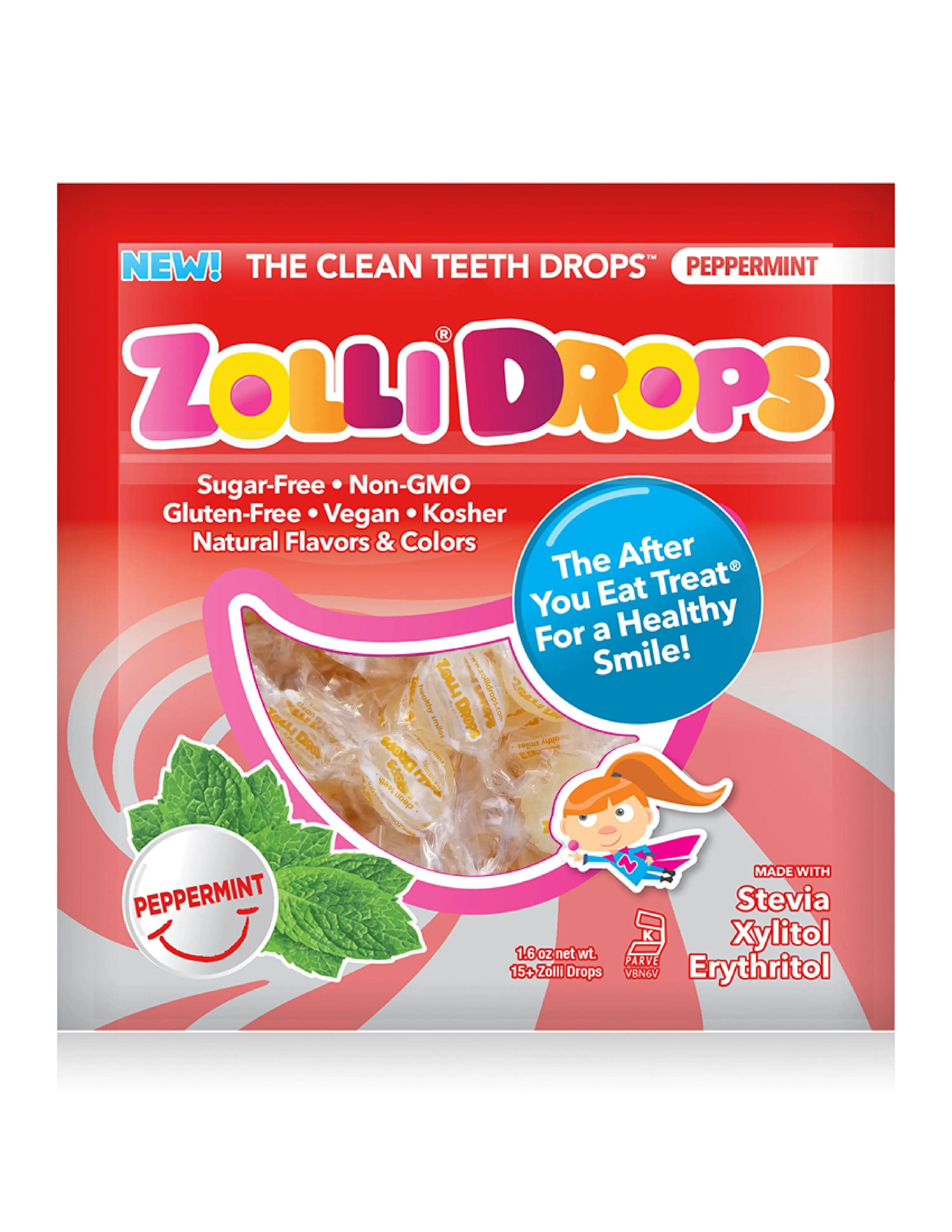 Zollipops Clean Teeth Zolli Drops 1.6oz - Peppermint Flavor for Dental-Friendly and Delicious Sugar-Free Snacking