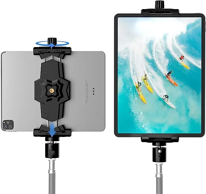 KDD iPad and Phone Tripod Mount Adapter with Ball Head iPad Holder for Tripod 360 Rotatable Tablet Clamp Mount fits iPad Pro 12.9