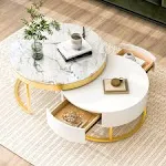 ZNTS Modern Round Nesting Coffee Table with Drawers in White WF307201AAK