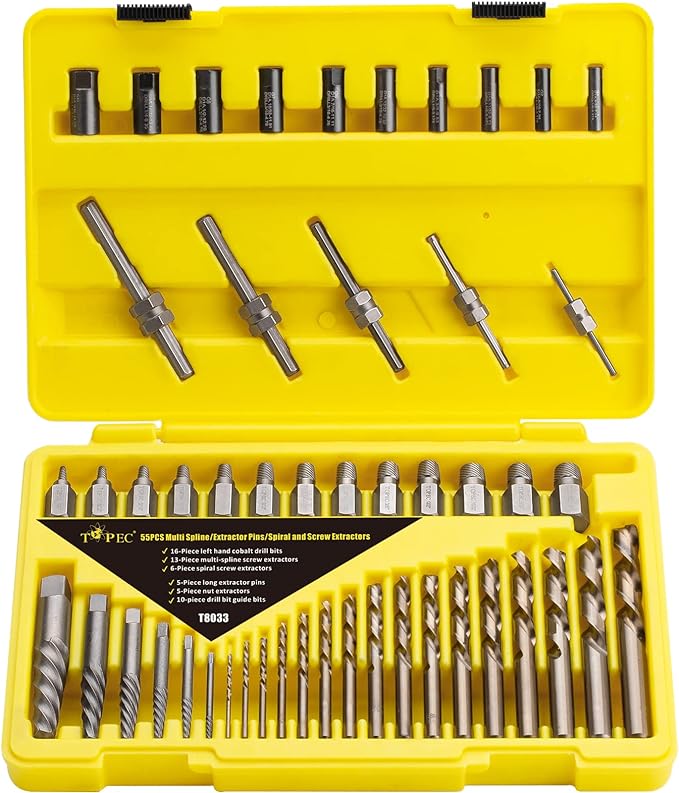 Topec 55-Piece Screw Extractor Broken Bolt Extractors Multi-Spline and Drill Bits ...