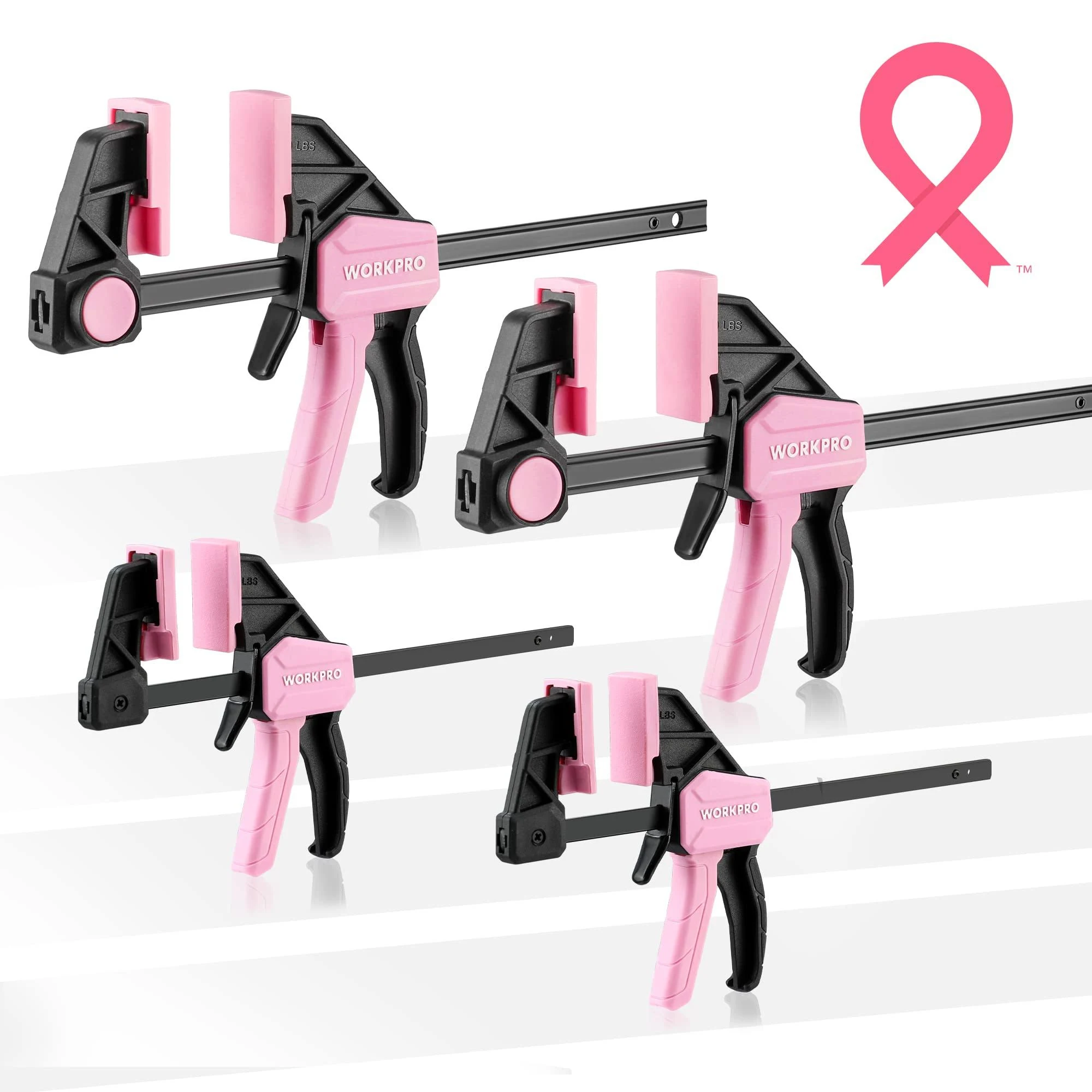 WORKPRO Mini Bar Clamps for Woodworking, 6"(2) and 4-1/2"(2), 4-Piece One-Handed Clamp/Spreader, Light-Duty Quick-Change F Clamp with 150lbs Load Limit - Pink Ribbon