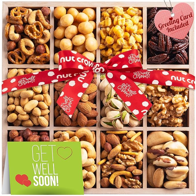 Nut Cravings Gourmet Collection - Get Well Soon Nuts Gift Basket with Get Well Soon Ribbon in Reusable Wooden Tray (12 Assortments) Care Package