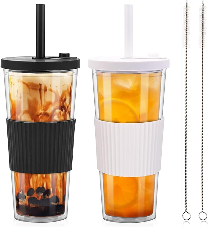 2 Pack Reusable Boba Tea Cups, 24oz Iced Coffee Cup with Straw and Lid, Leakproof ...