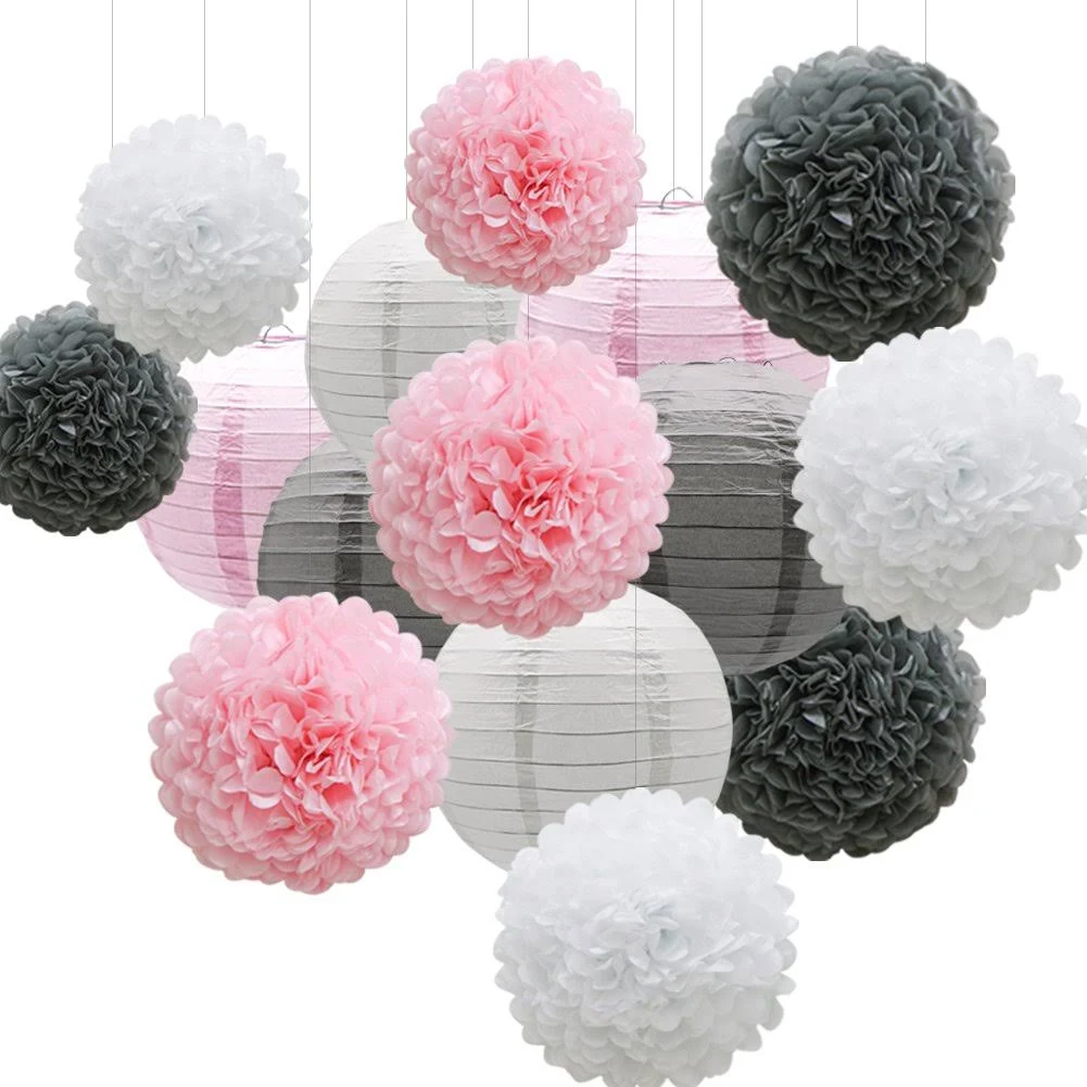 Hanging Party Decorations Set, 15pcs Pink Gray White Paper Flowers Pom Poms Balls and Paper Lanterns