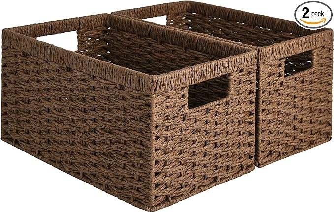 StorageWorks Seagrass Storage Baskets, Rectangular Wicker Baskets with Built-in Handles, Medium, 2-Pack