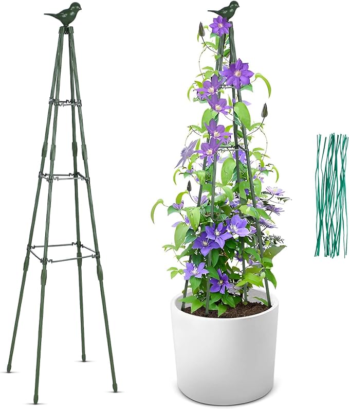 GROWNEER 47 Inches Garden Obelisk Trellis for Climbing Plants Outdoor, Plant Trellis for Potted Plants Indoor, 3-Tier Plant Support with 20 Pcs Cable Ties, Vines & Flowers, Tomato Cage Tower, Green