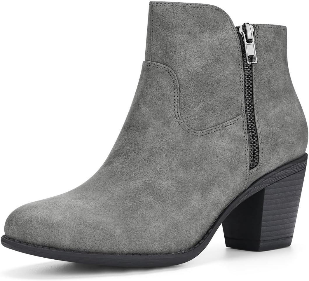 Allegra K Women's Round Toe Stacked Chunky Heel Zipper Ankle Boots, Gray