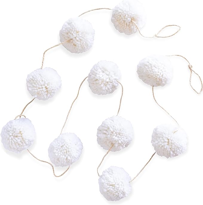 6ft Yarn pom pom White Garland Large Boho Minimalist Home Decor Farmhouse Mantel Holiday Decoration Neutral Wall Hanging Christmas