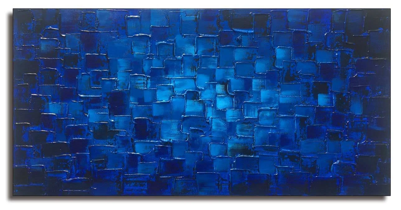 Large Abstract Dark Blue Square Wall Art Hand Painted 60 x 30 in, 