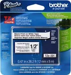 Brother Genuine P-Touch, Laminated Black on White, 12mm (TZe231) NEW!