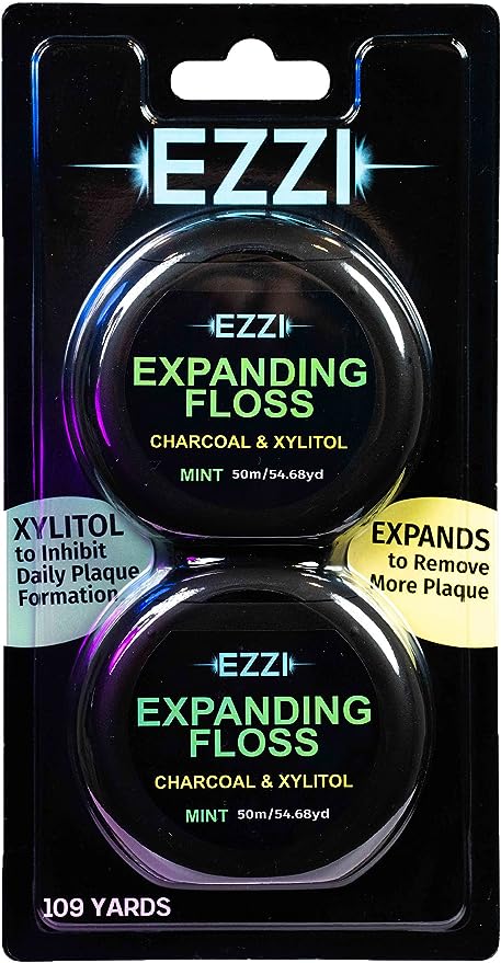 Ezzi Woven Expanding Dental Floss | Naturally Waxed & Textured w/ Charcoal & Xylitol to optimally Clean Gums | Mint Flavored and 109 Yards