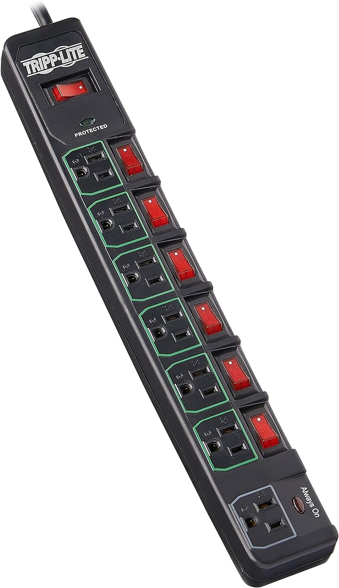 Tripp Lite 7 Outlet (6 Individually Controlled) Surge Protector Power Strip, 6ft Cord, Black, Lifetime Limited Warranty & $25K Insurance (TLP76MSGB)