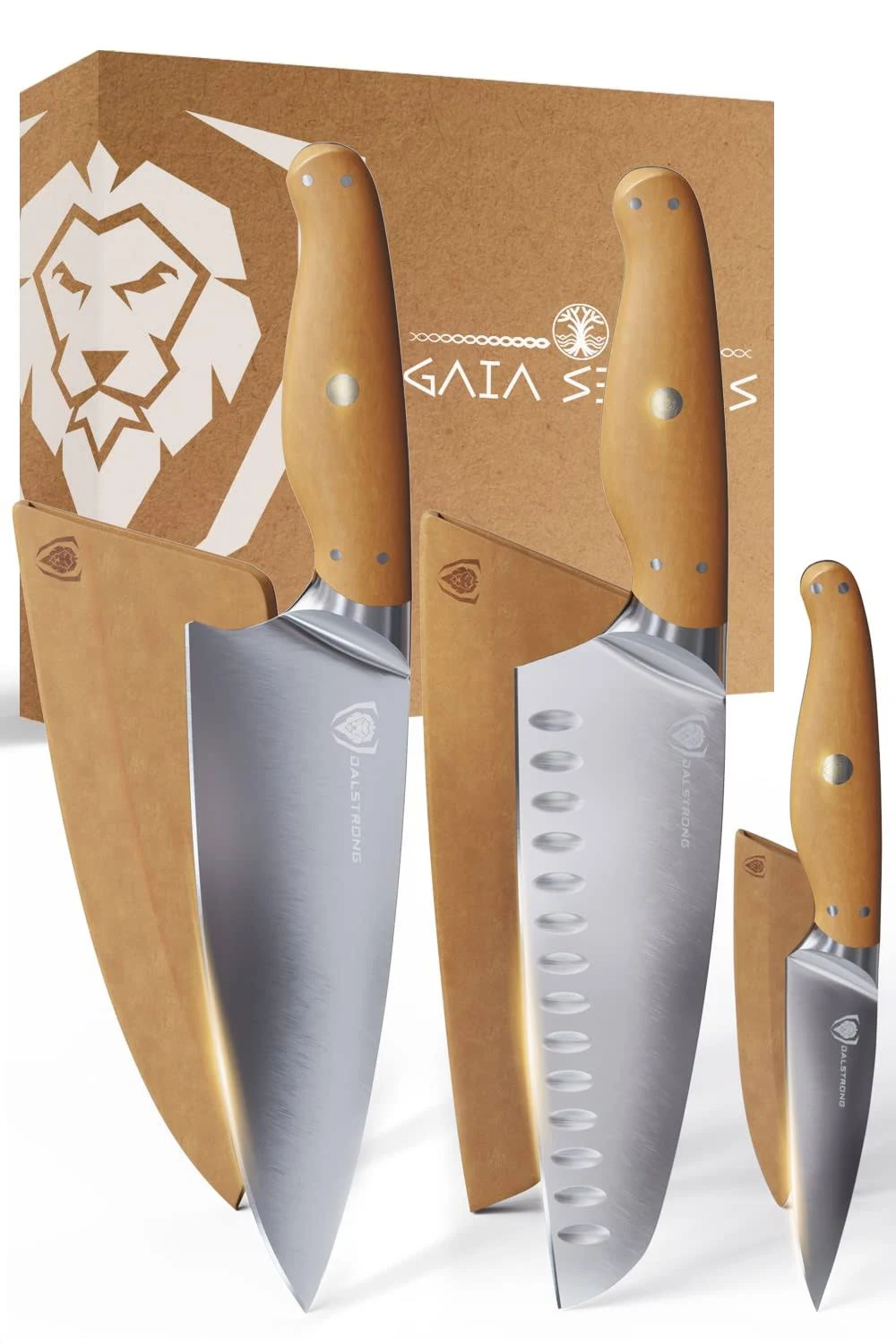 Dalstrong 3 Piece Knife Set - Gaia Series - Chef Knife, Santoku Knife, Paring Knife - High-Density Wood Fiber Handle - Sustainable and Eco-friendly Kitchen - Sheaths