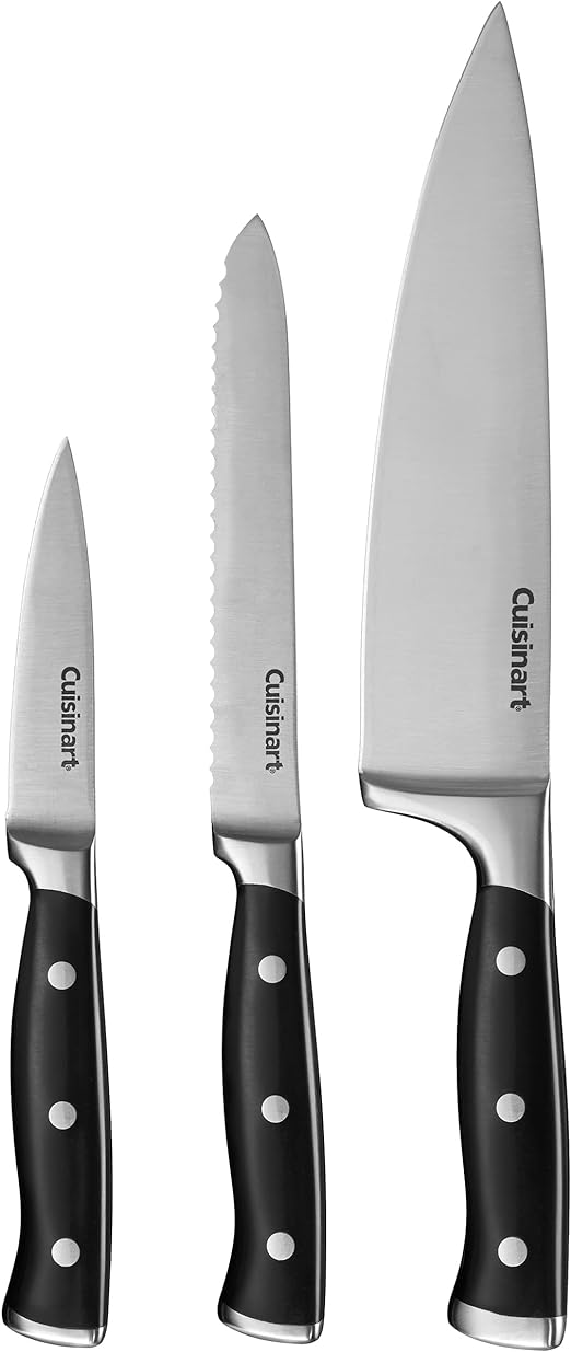 Cuisinart Classic Forged High-Carbon Stainless Steel full-tang Triple Rivet Knife Set (3-Piece Chef Set) 8-Inch Chef's, 5.5-Inch Utility and 3.5-Inch Paring With Matching Blade Cover Shealths