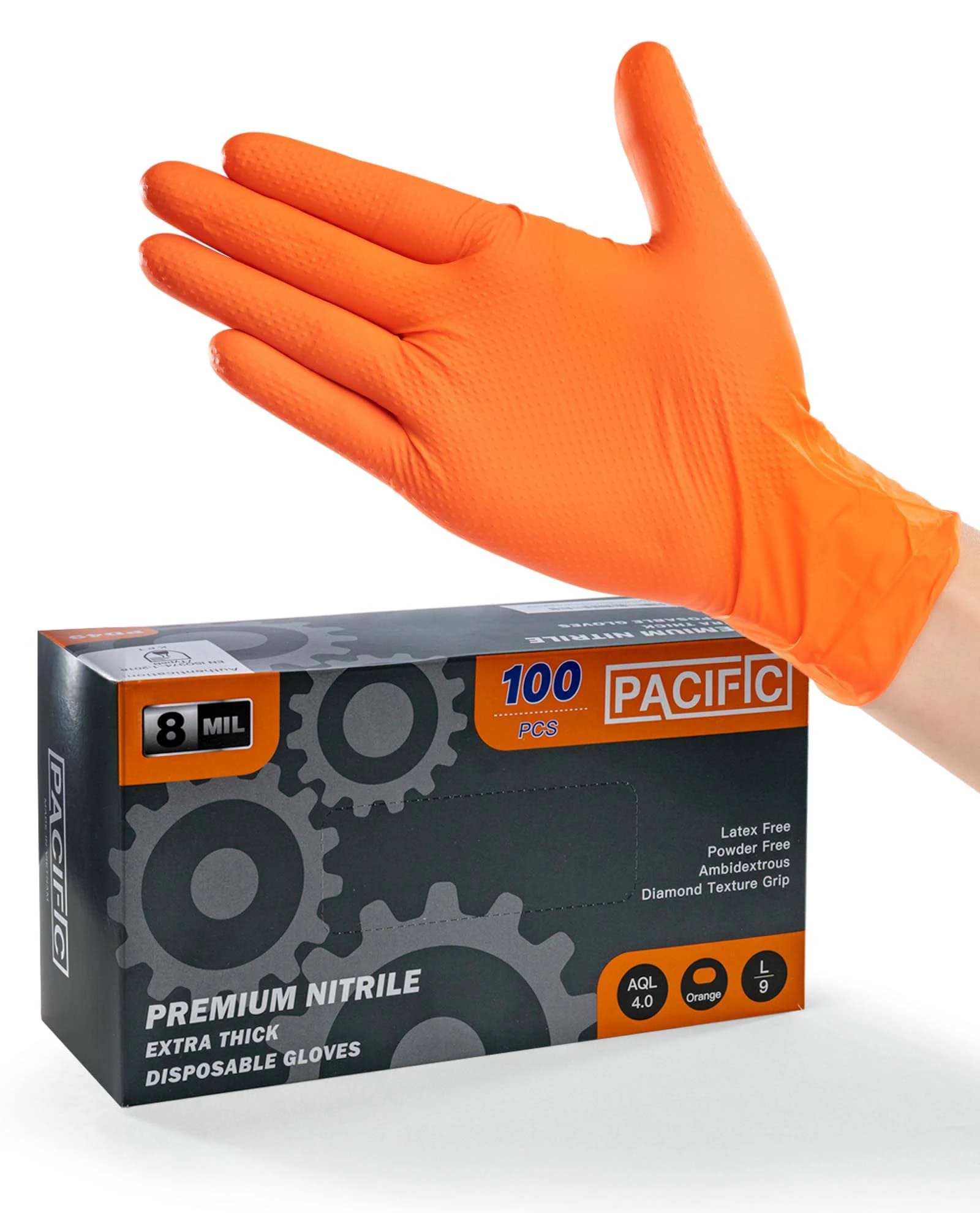 Industrial orange disposable gloves, 8 mil, heavy disposable diamond texture