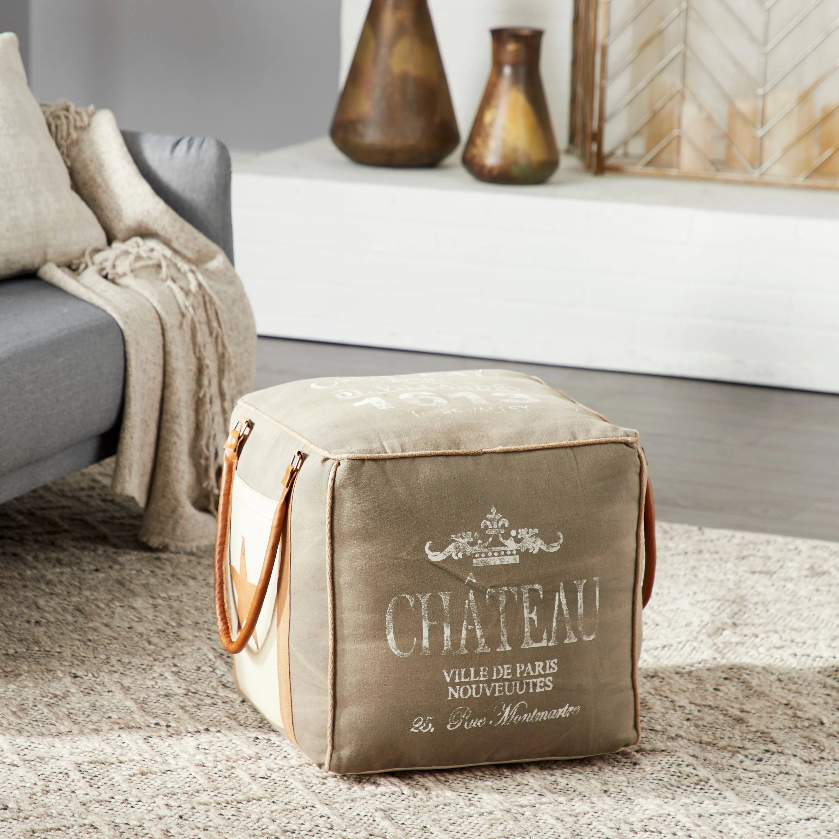 Juniper + Ivory 17 In. x 21 In. Rustic Pouf Grey Fabric and Leather - Juniper + Ivory 88596