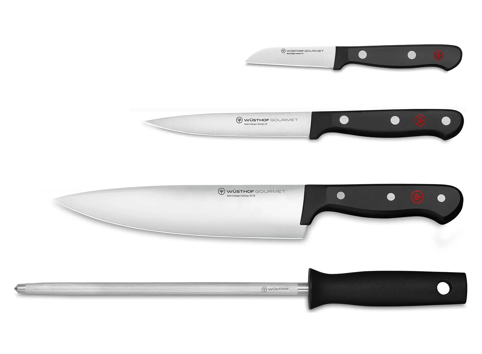 Wusthof Gourmet 4 piece set knifes 8&#034;,4.5&#034;,2.5&#034; black/silver honing steel new