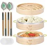 Macario Bamboo Steamer Basket Set 10 inch Steamer for Cooking, with Side Handles Chopsticks Ceramic Sauce Dishes Paper Liners, for Dim Sum Dumplings