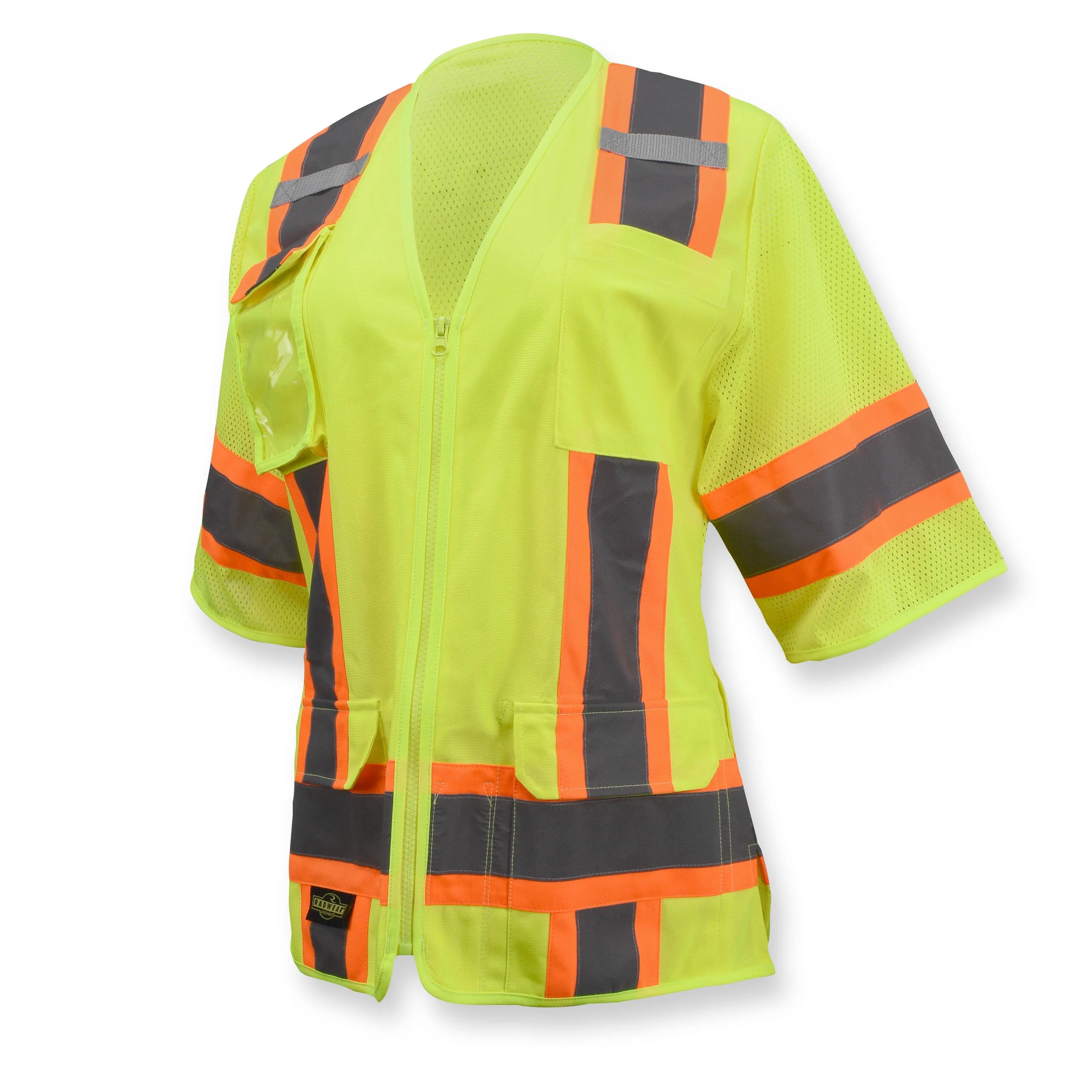 Radians SV63WGS Safety Vest Zip Front, 2" Silver Reflective Tape Reflective, 1 Horizontal Stripe, Contrast Trim, 7 Pockets, 2 Mic Tabs, Knit Front/Mesh Back, Hi-Vis Green, Size Small