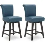 Chita 26 in Upholstered Swivel Counter Bar Stools with Back&Wood Legs Set of 2, Faux Leather in Dark Blue