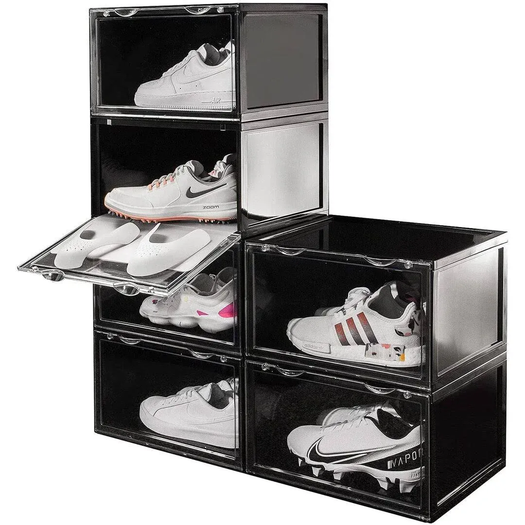 Premium Shoe Storage Boxes - Clear Plastic Shoes Throne Display Case (6 pack, Black), Stackable Shelves Large Sneaker Containers Cases with Lids + 6 Hygiene Pads & Shapers