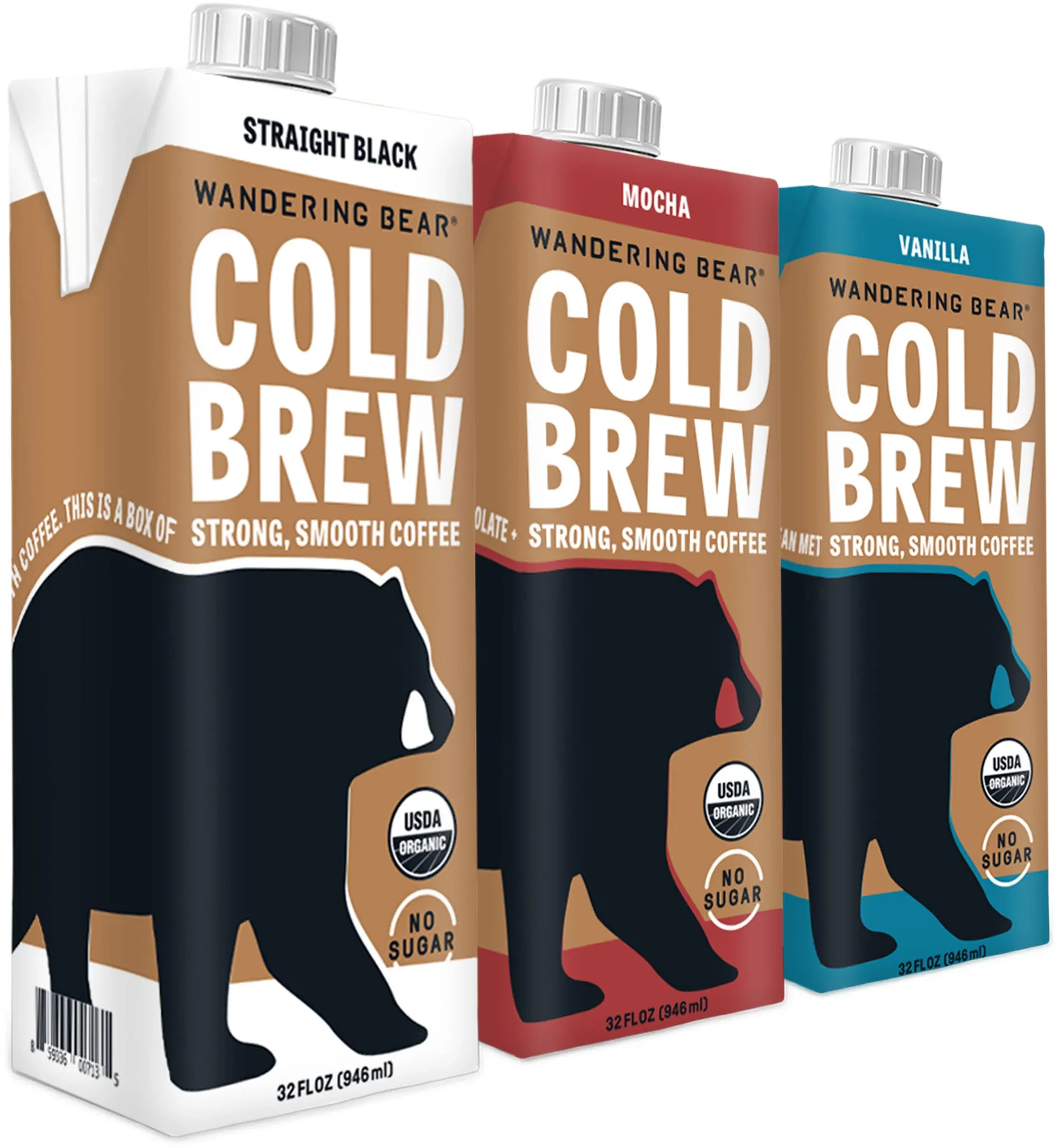 Wandering Bear Extra Strong Organic Cold Brew Coffee, Variety Pack, 32 fl oz, 3 pack - Straight Black, Vanilla, & Mocha - Ready to Drink Iced Coffee, Cold Brewed Coffee, Cold Coffee